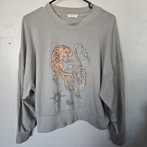 Wst Cst Small Oversized Gray Sweatshirt with Tiger and Planet Design Celestial